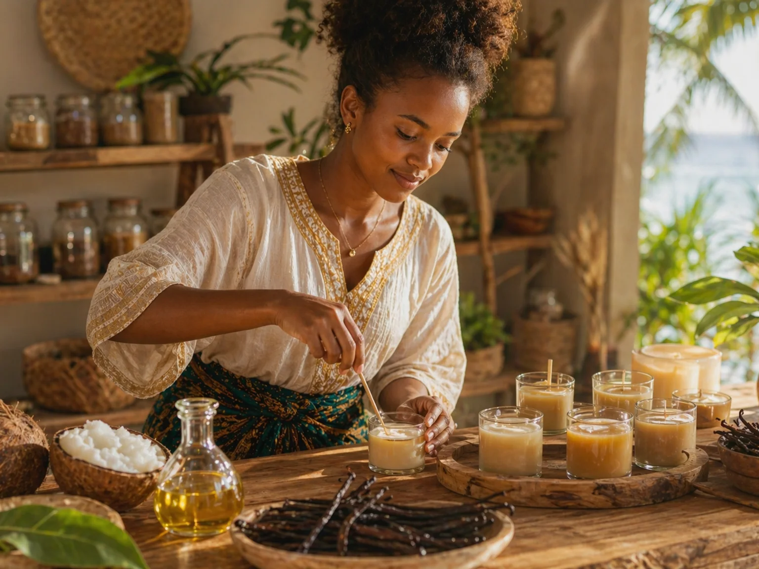 Jeune artisane malgache préparant des bougies avec vanille et cire