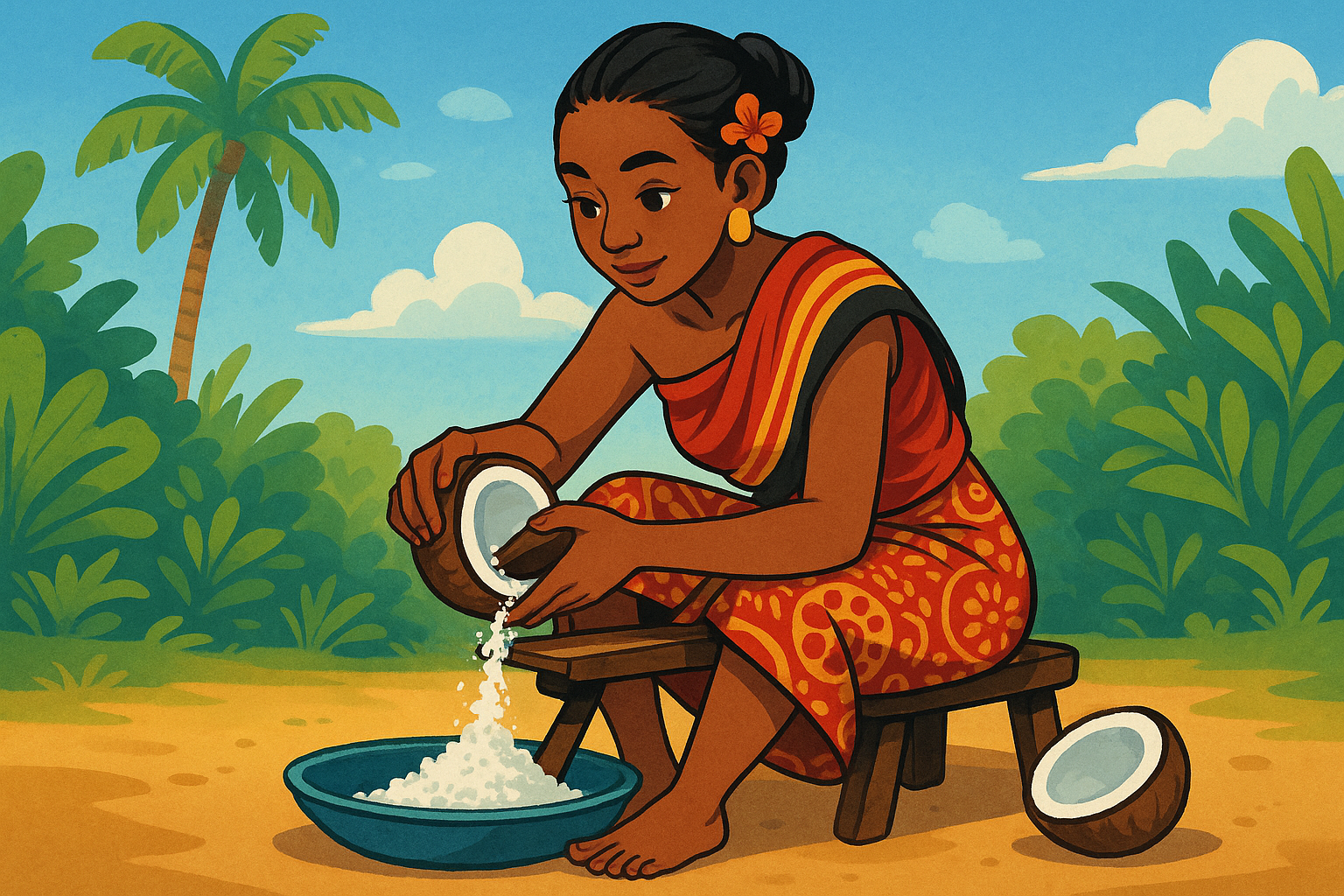 Raclage de la chair de coco avec une pièce de bois (ambozy)